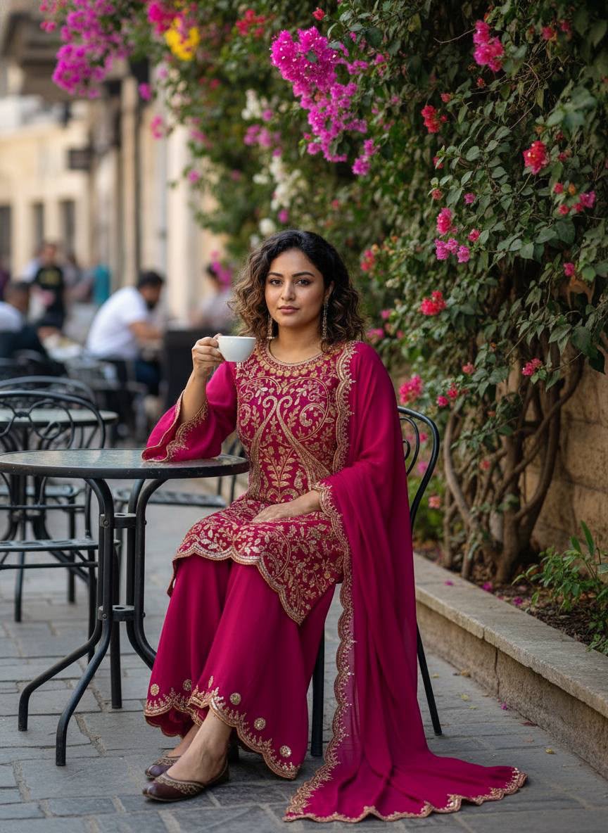 Vichitra Silk Embroidery Kurti and Palazzo