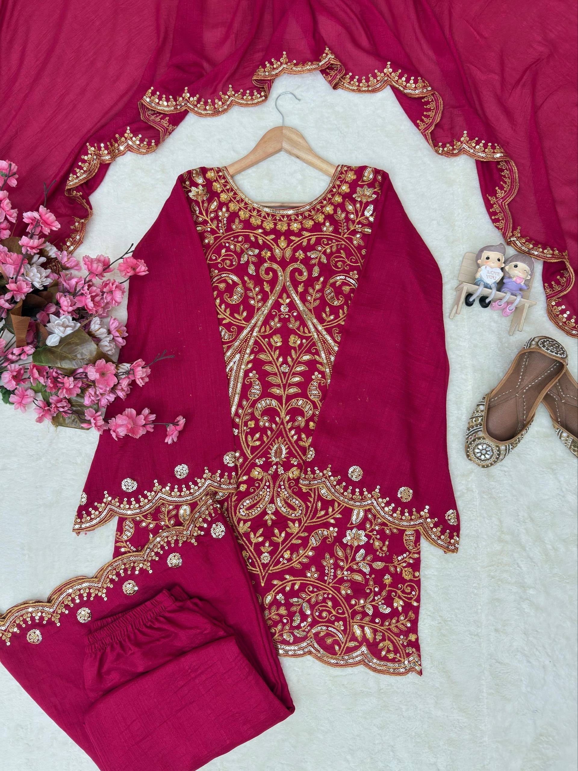 Vichitra Silk Embroidery Kurti and Palazzo - Image 4