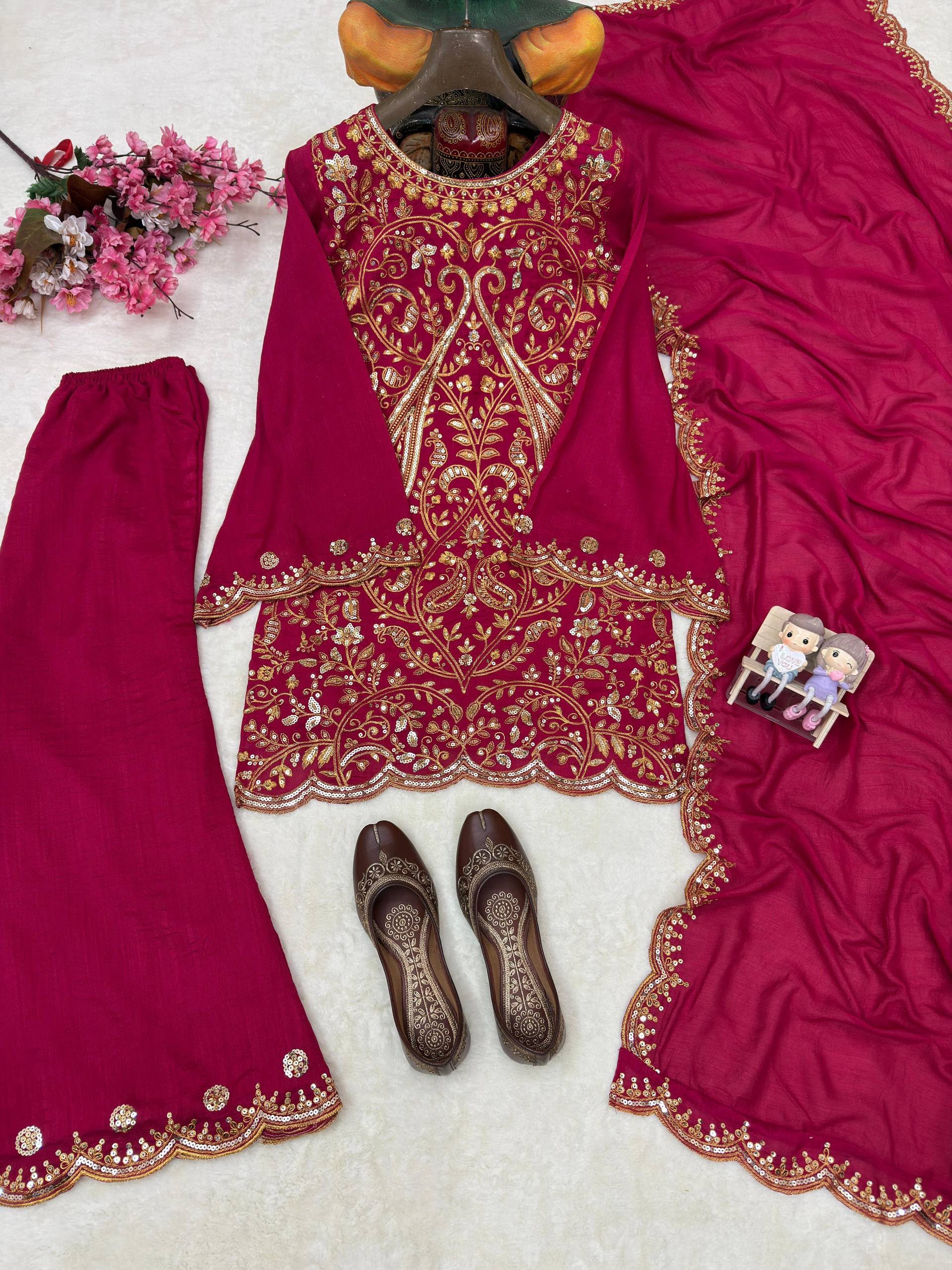 Vichitra Silk Embroidery Kurti and Palazzo - Image 5