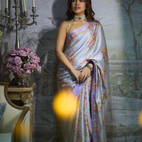 Pure satin silk saree with flower print and handwork