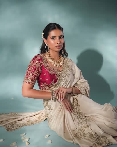 Off-white rangoli silk saree with Work