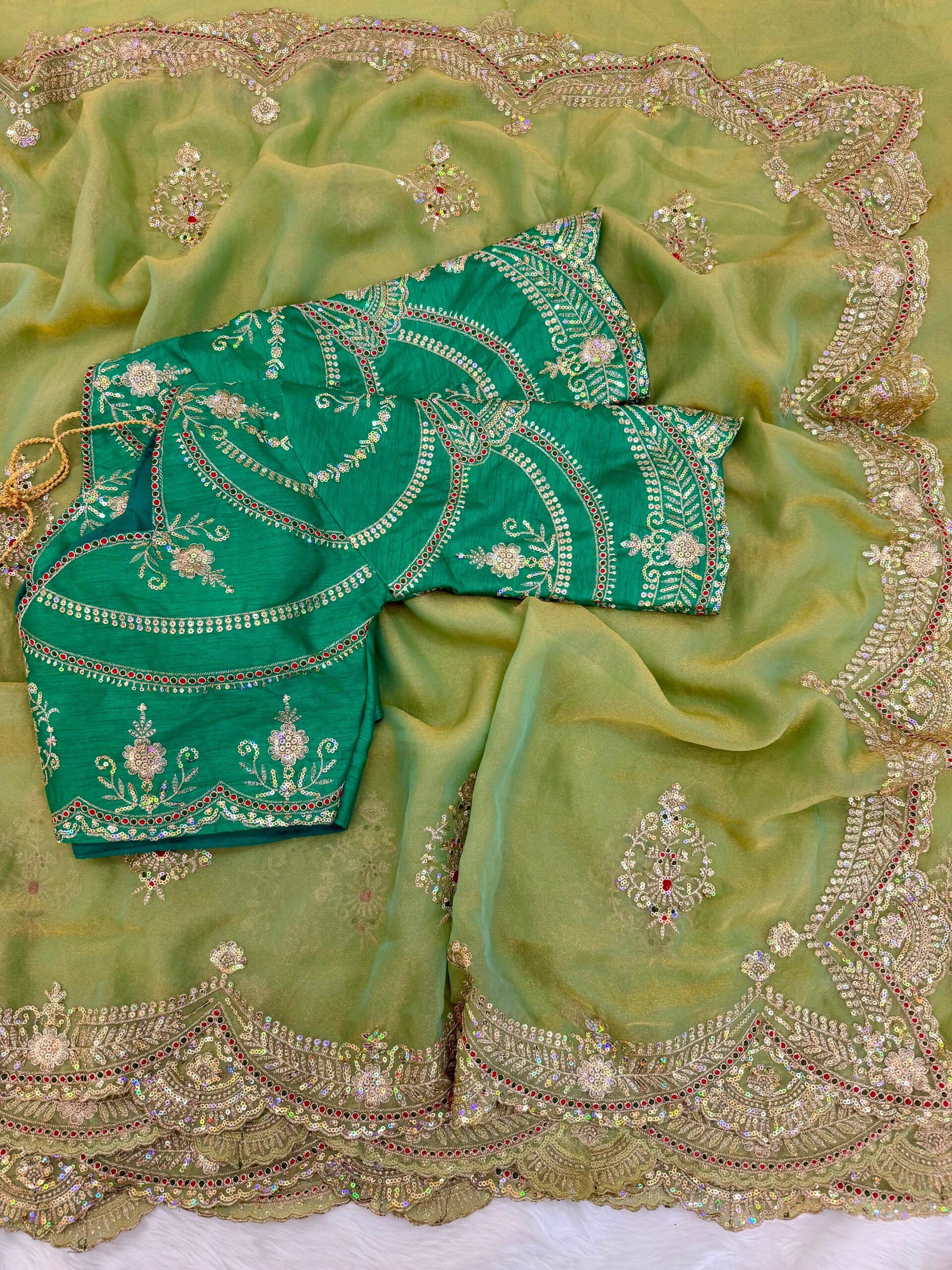 Moss Chiffon Saree with multi-sequence thread work - Image 3