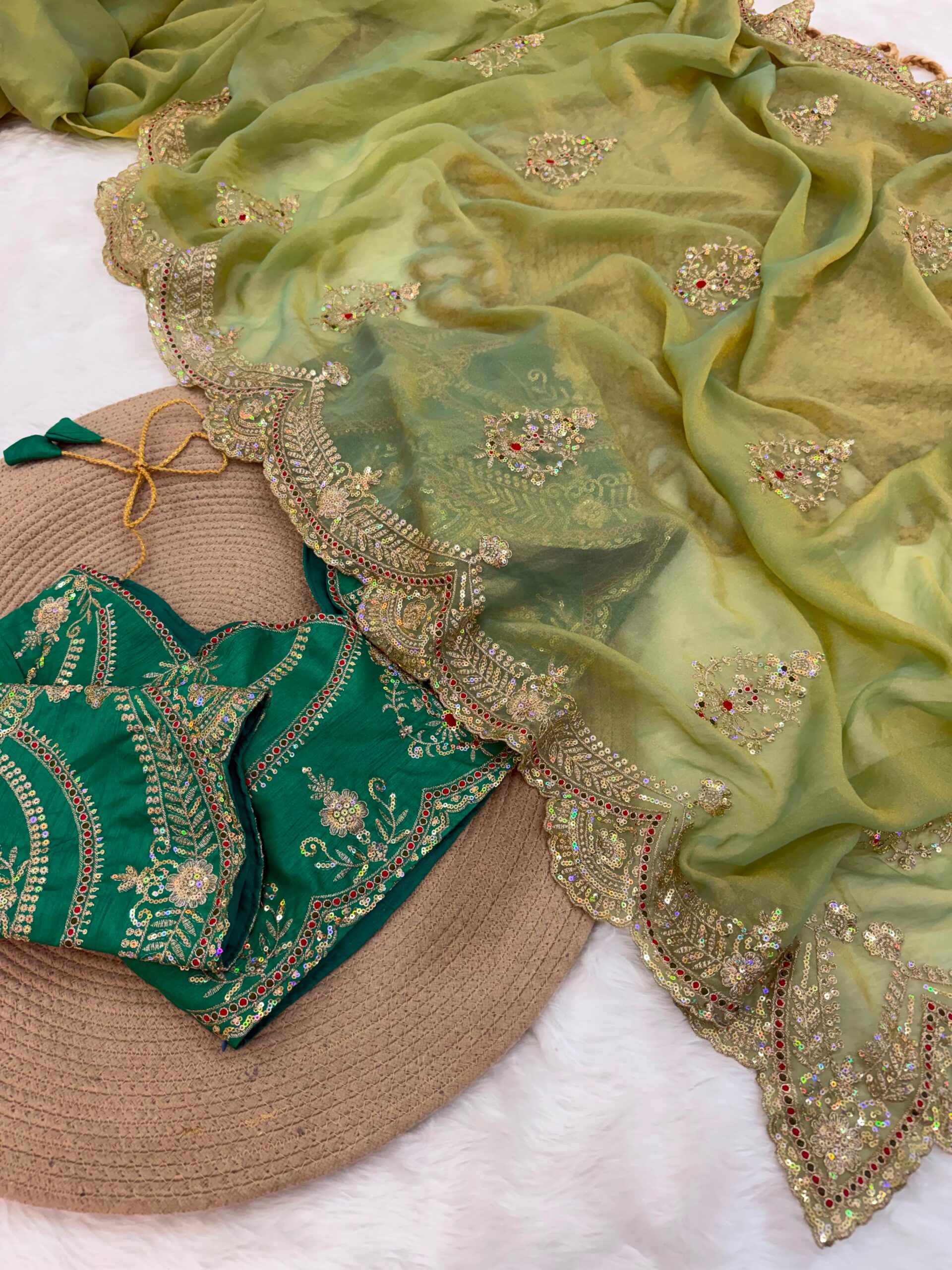 Moss Chiffon Saree with multi-sequence thread work - Image 4