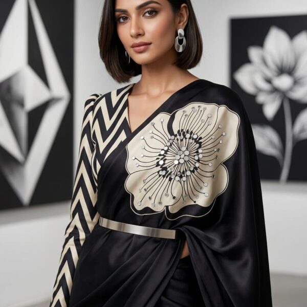Silk crepe Saree With ethnic floral print and mirrors