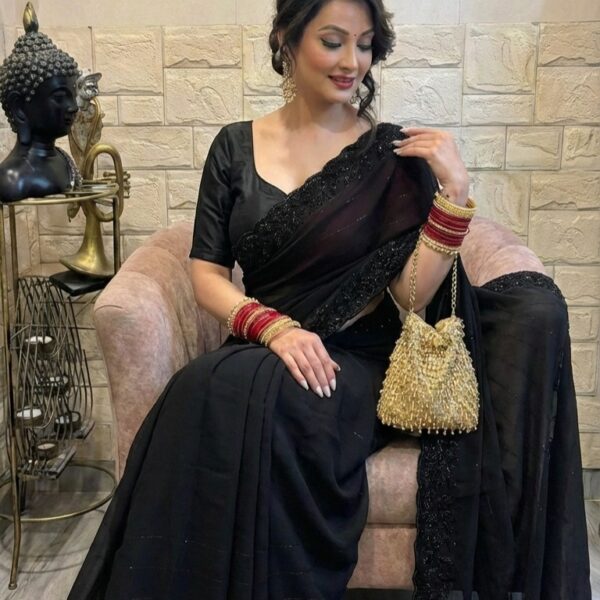 Pure Fox Georgette With Black Beads Work
