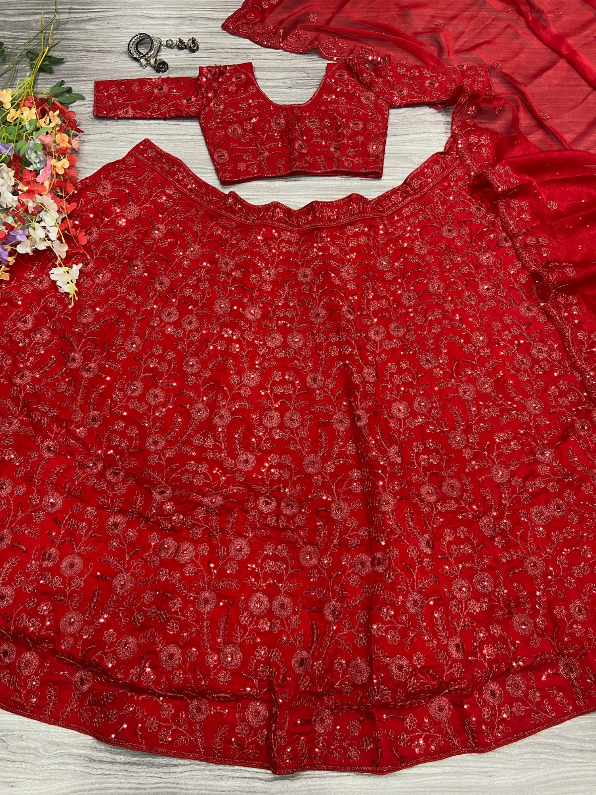 Red Premium Vichitra Silk Embellished Lehenga - Image 4