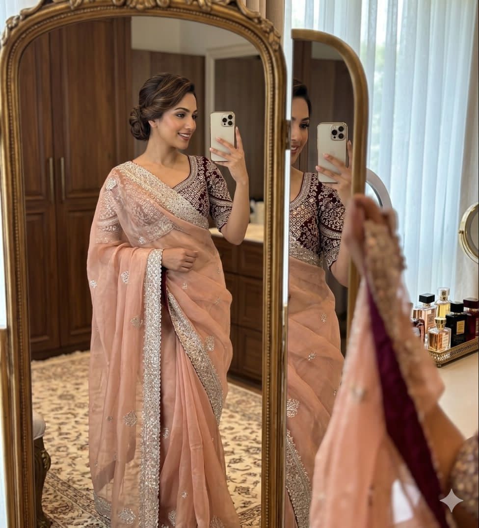 Lightweight moss chiffon saree with multi-sequence