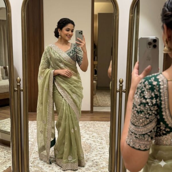 Lightweight moss chiffon saree with multi-sequence