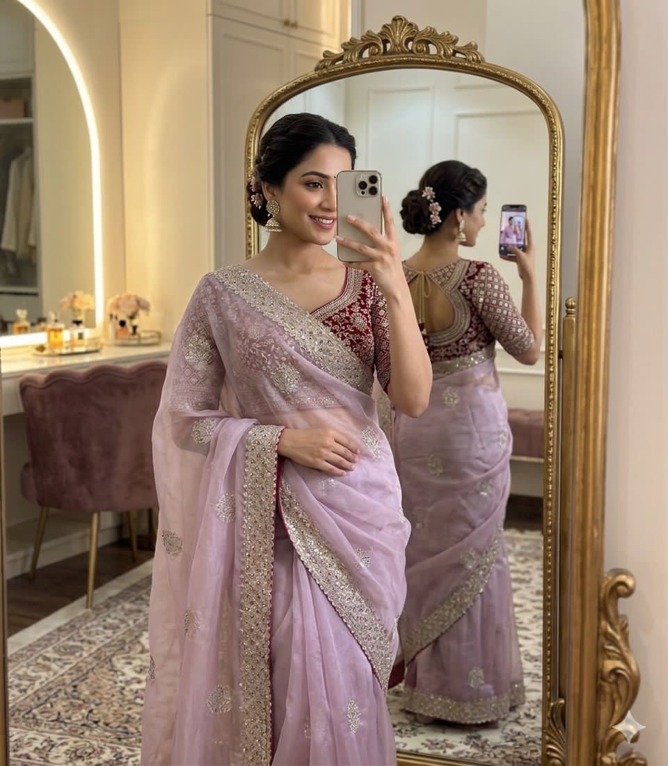 Lightweight moss chiffon saree with multi-sequence - Image 3