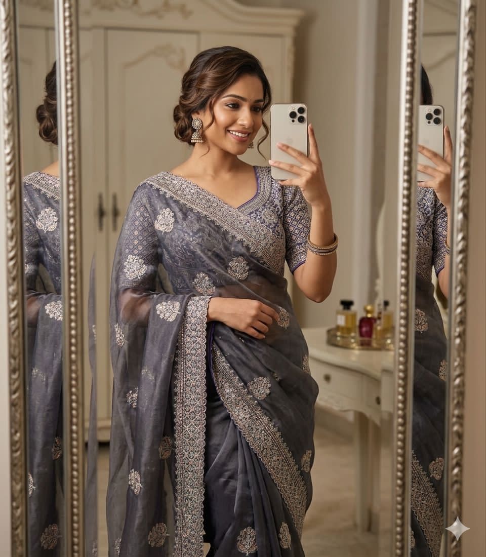 Lightweight moss chiffon saree with multi-sequence - Image 4