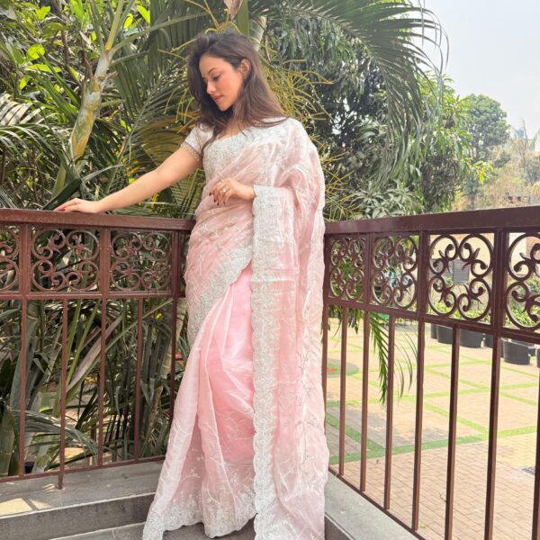 Pink Pure Satin Organza Saree