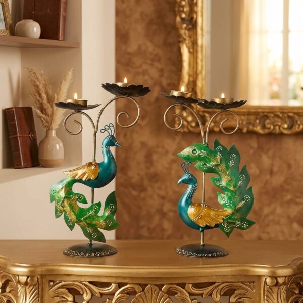 Peacock & Peahen T-Light Candle Holder Set