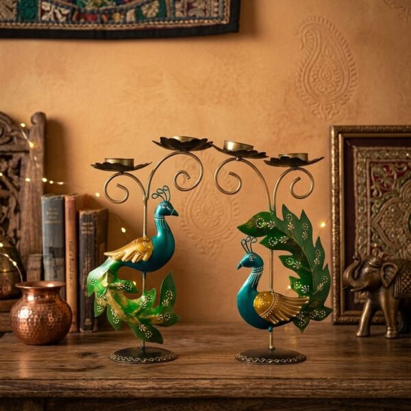 Peacock & Peahen T-Light Candle Holder Set