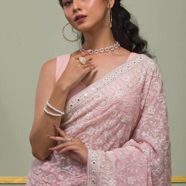 Faux georgette saree with white thread