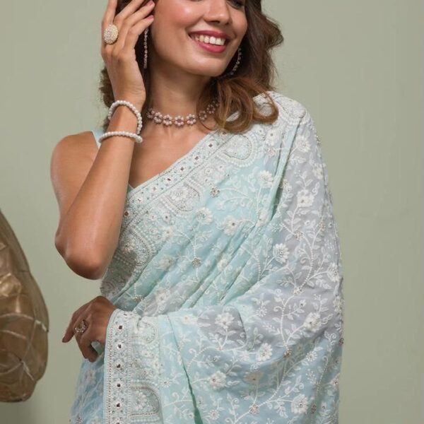Faux georgette saree with white thread