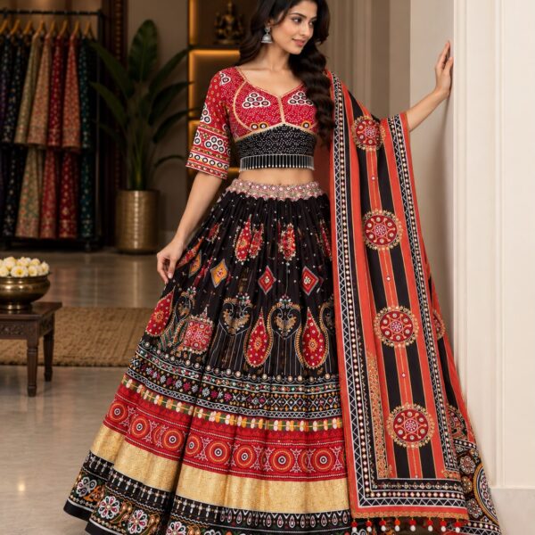 Black Red Digital Printed Lehenga Choli