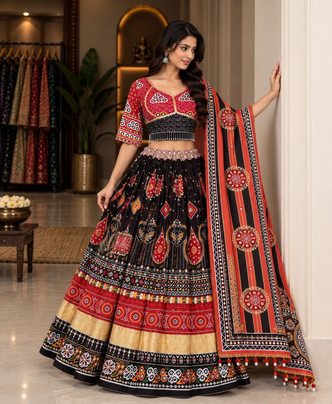 Black Red Digital Printed Lehenga Choli