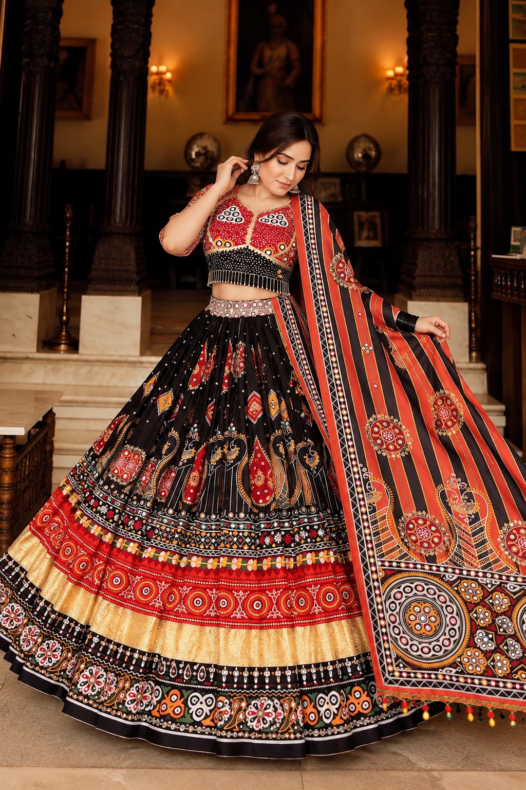 Black Red Digital Printed Lehenga Choli - Image 3