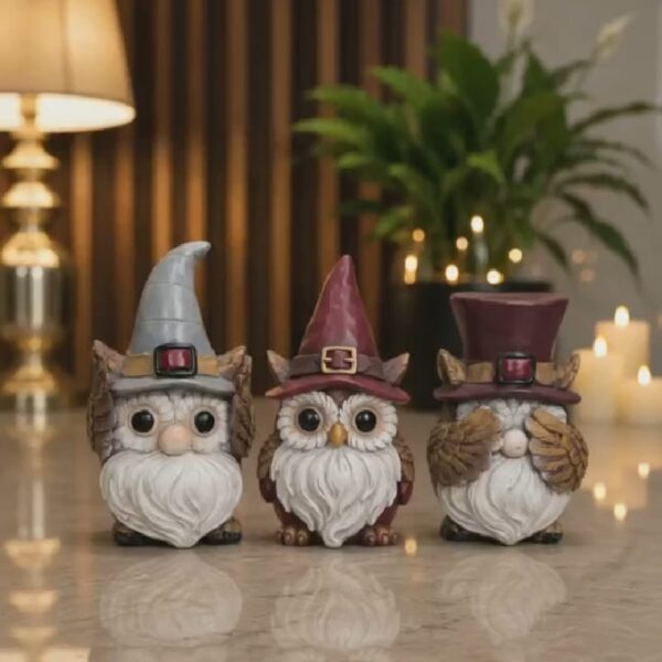 Whimsical Owl Gnome Figurine Set of 3