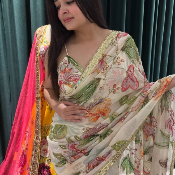 Soft tebi silk with digital print and mirror work