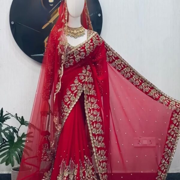 Red Faux Georgette Saree with Sequence Work
