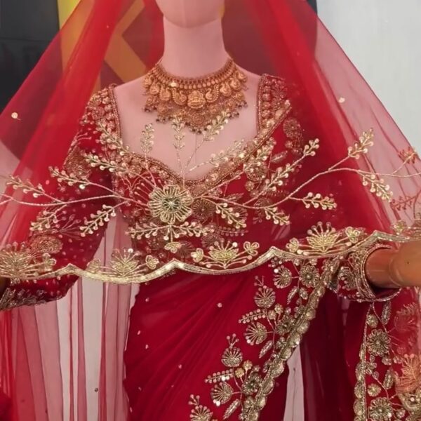Red Faux Georgette Saree with Sequence Work