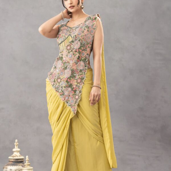 Elegant ready-to-wear Chinon saree with Work