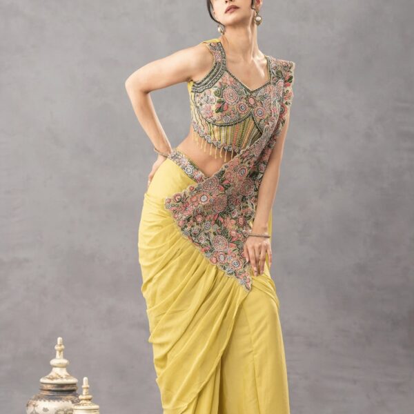 Elegant ready-to-wear Chinon saree with Work