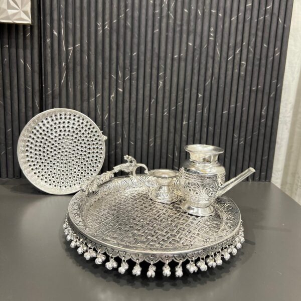 German silver hand engraved puja thali