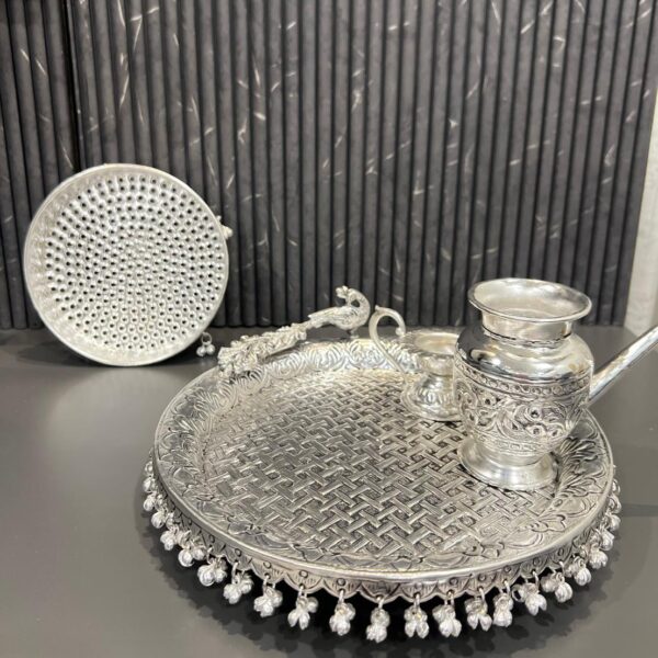 German silver hand engraved puja thali