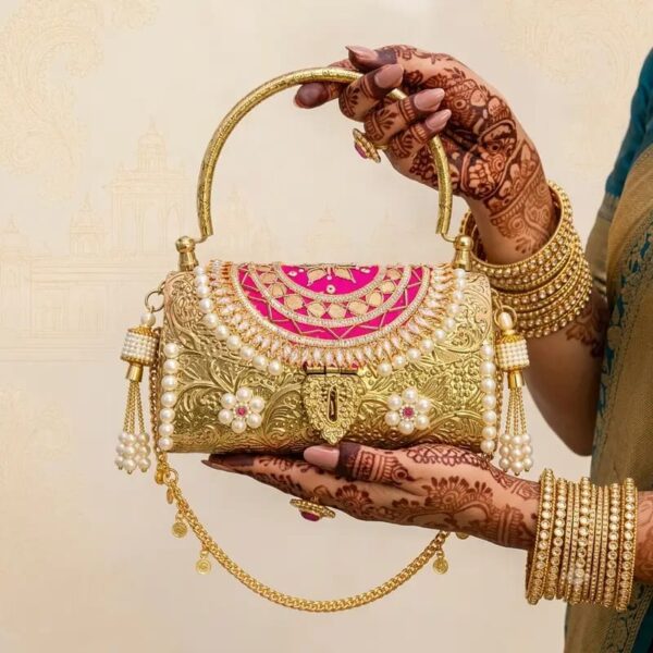 Pink and Pearl Gold Hand Craved Clutch