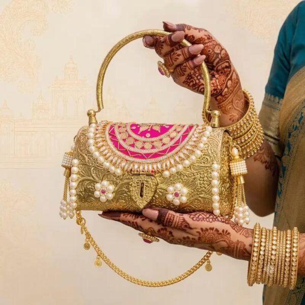 Pink and Pearl Gold Hand Craved Clutch