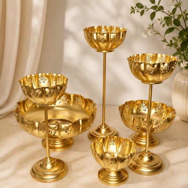 Lotus Cut Urli with Lotus Cut Stand and Diyas