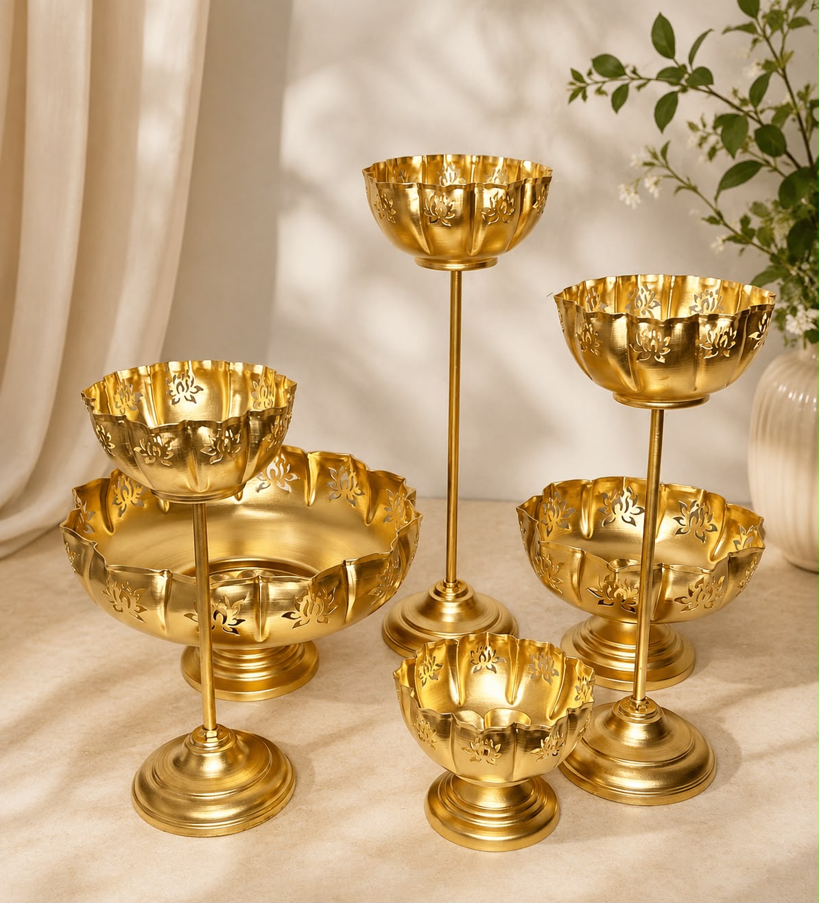 Lotus Cut Urli with Lotus Cut Stand and Diyas