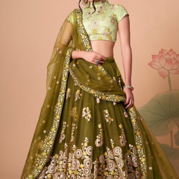 Olive Green & Pista Mirror Embroidered Lehenga Choli