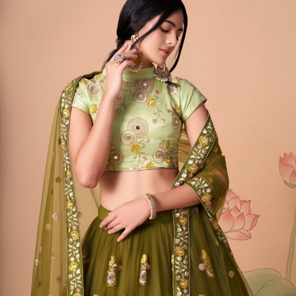 Olive Green & Pista Mirror Embroidered Lehenga Choli