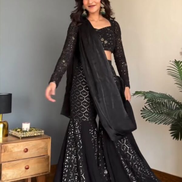 Black Faux Georgette Sharara Choli Dress