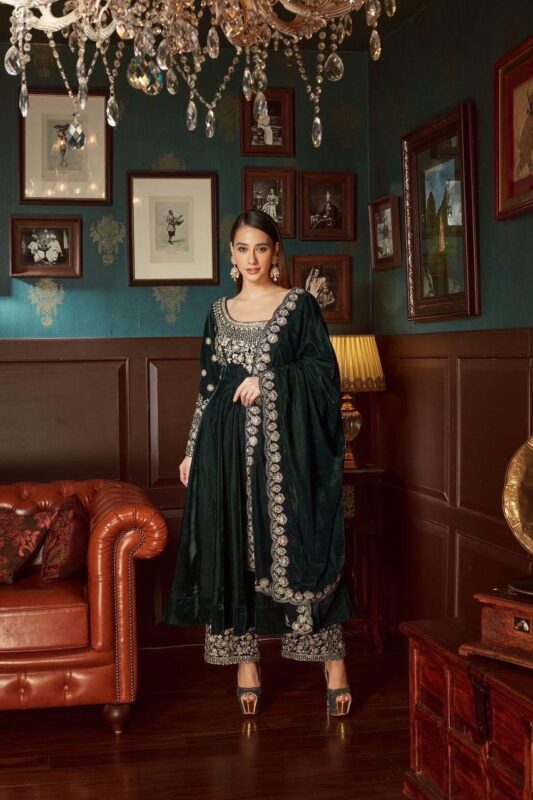 Green Velvet Embroidery Anarkali Gown - Image 3