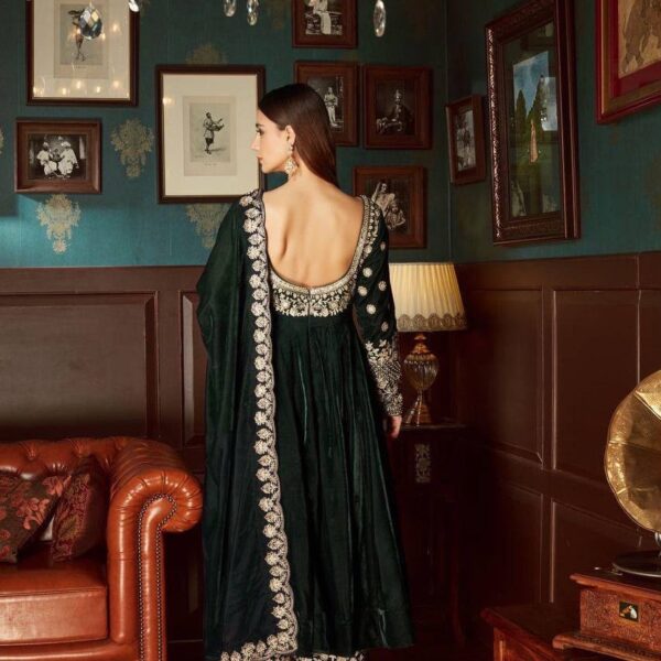 Green Velvet Embroidery Anarkali Gown
