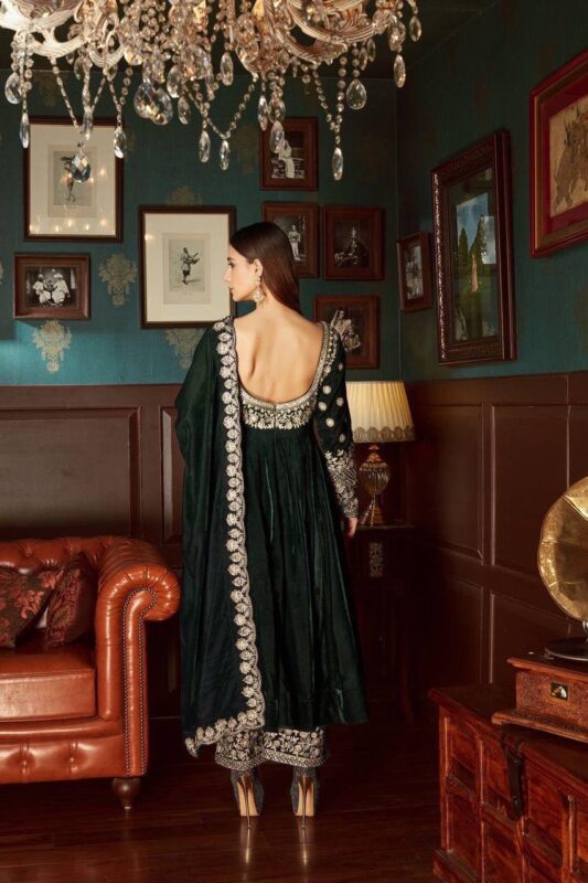 Green Velvet Embroidery Anarkali Gown - Image 2