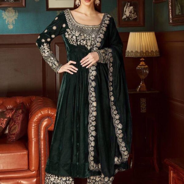 Green Velvet Embroidery Anarkali Gown
