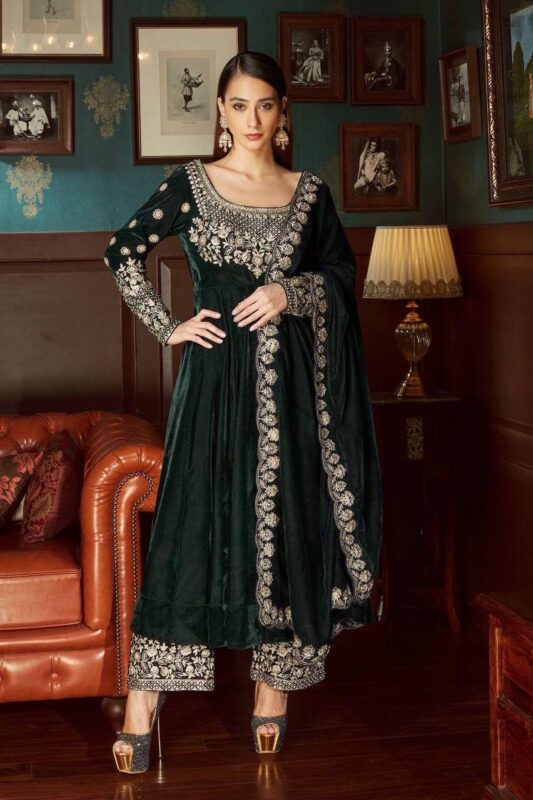 Green Velvet Embroidery Anarkali Gown