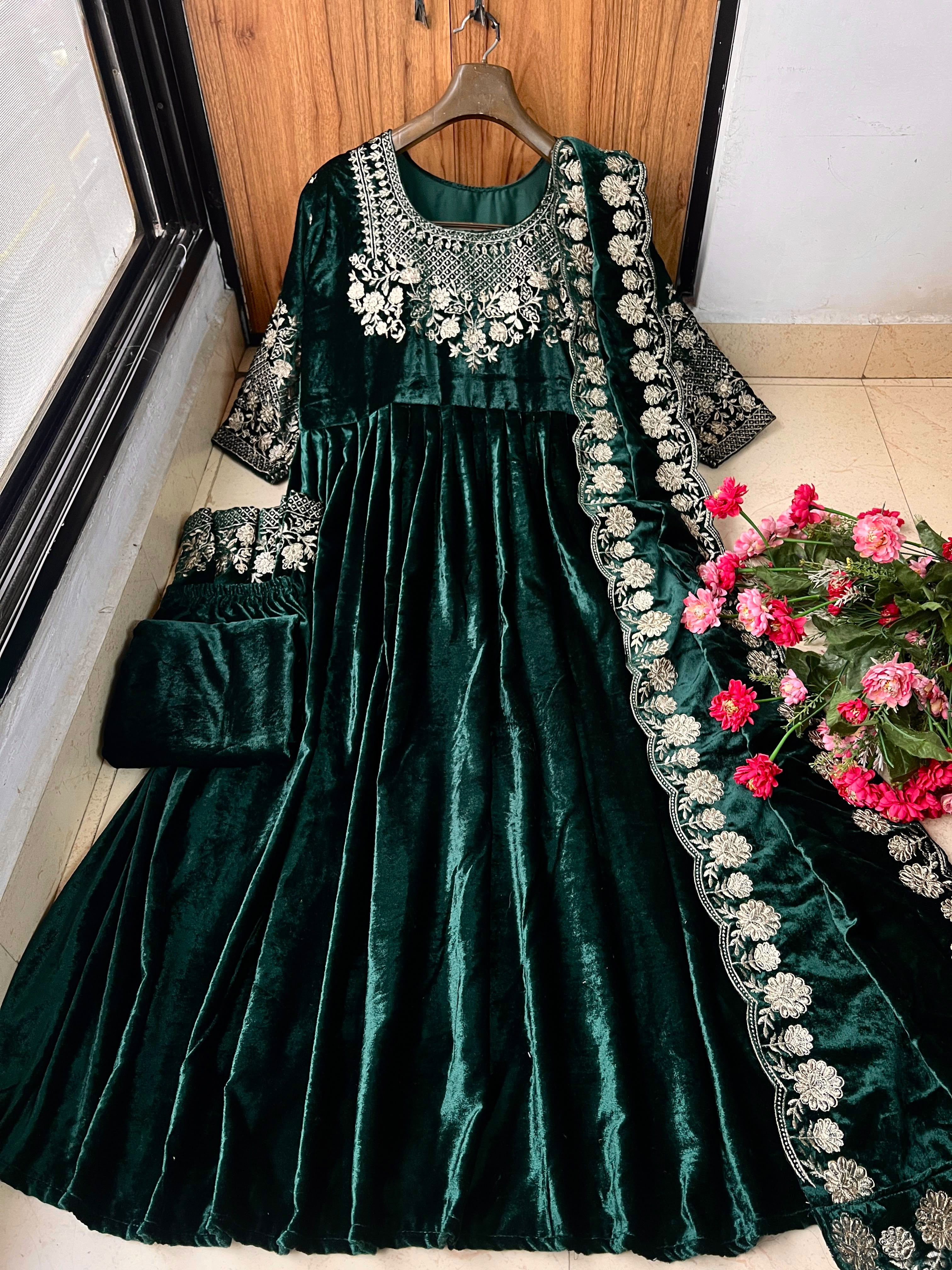 Green Velvet Embroidery Anarkali Gown - Image 4