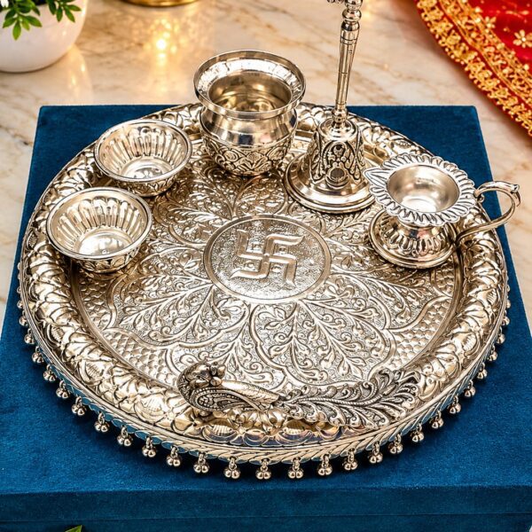 Peacock Trunk German Silver Pooja Thali Set