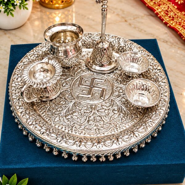 Peacock Trunk German Silver Pooja Thali Set