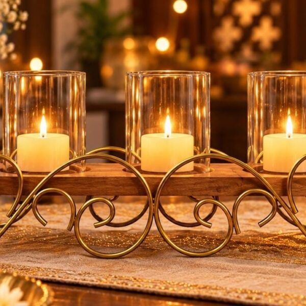 Candle holder in wood, metal & glass for 3 candles.