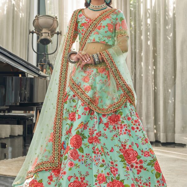 Mint Green Floral Printed Lehenga with Blouse