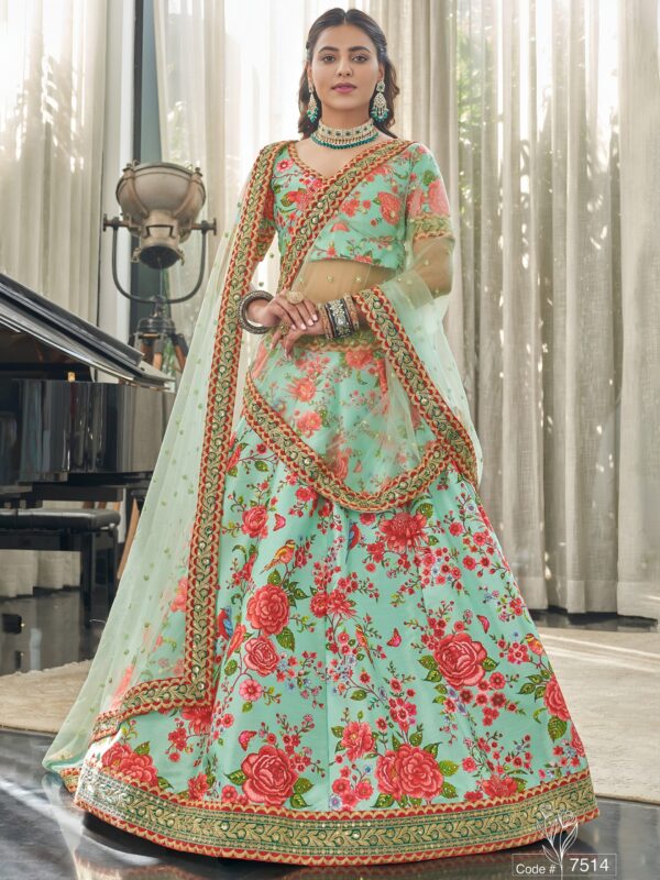 Mint Green Floral Printed Lehenga with Blouse - Image 2