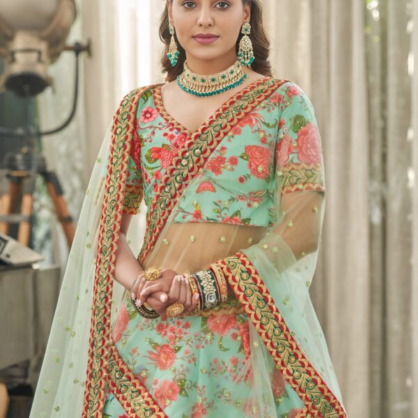 Mint Green Floral Printed Lehenga with Blouse