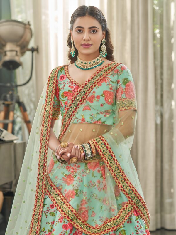 Mint Green Floral Printed Lehenga with Blouse